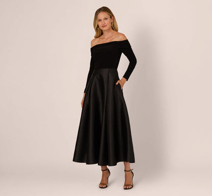 Off Shoulder Long Sleeve Mikado Combo Gown In Black