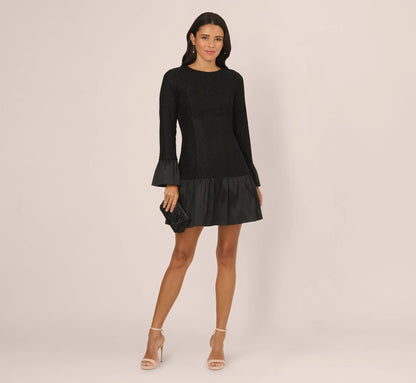 Long Sleeve Drop Waist Lace Dress In Black