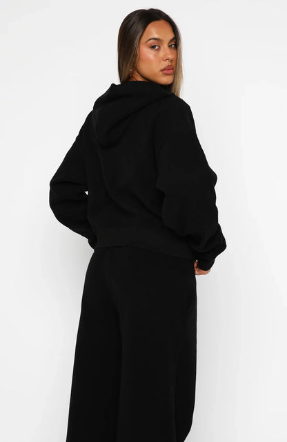 Just For Now Fleece Boxy Zip Front Hoodie Black