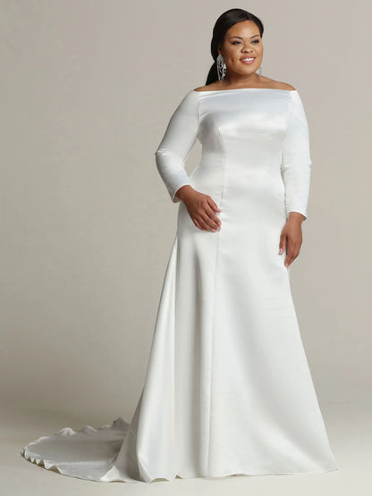SATIN FIT AND FLARE WEDDING DRESS WITH LONG SLEEVES