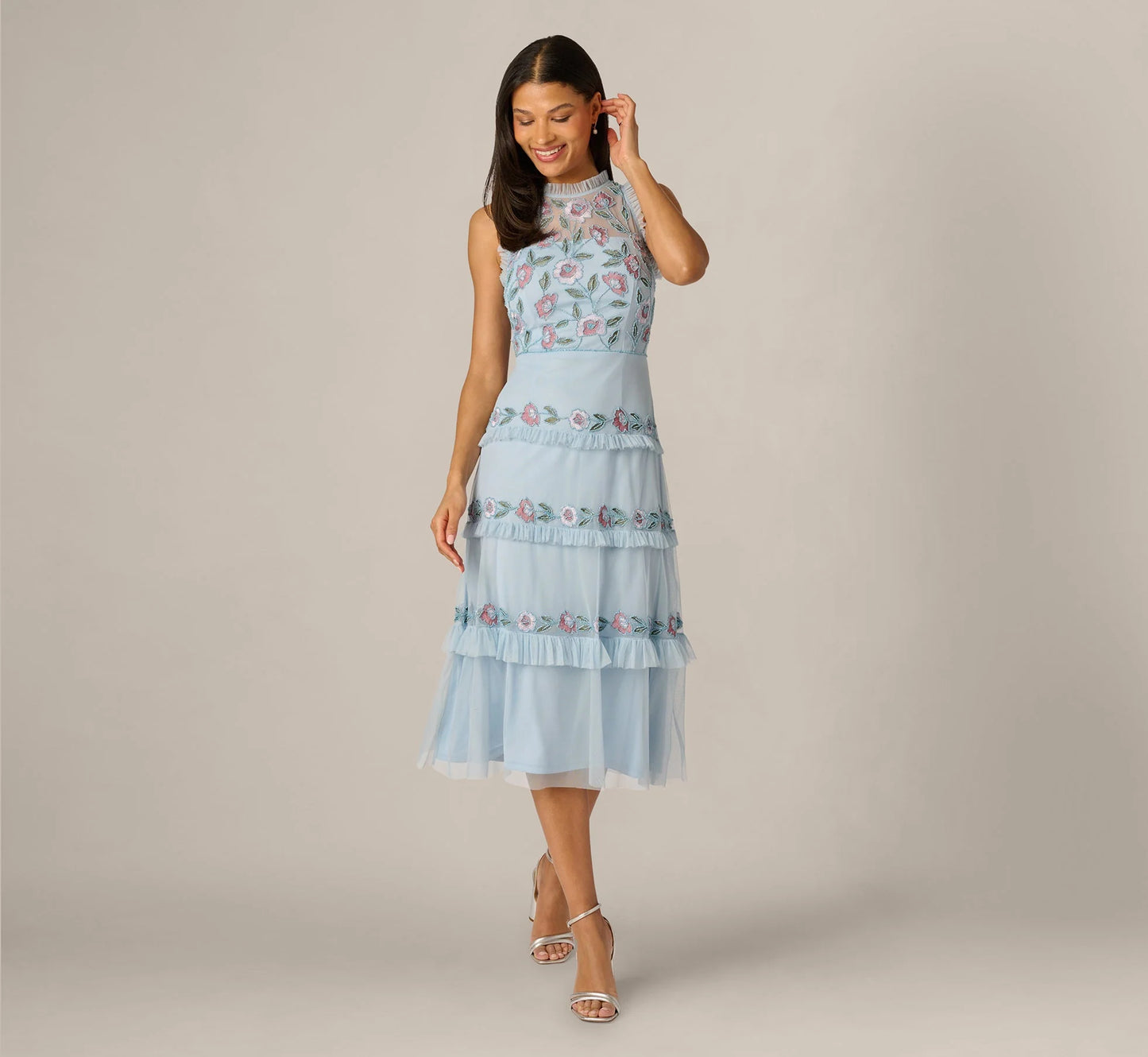 Sleeveless Floral Beaded Embroidery Ruffle Midi Dress In Elegant Sky Multi