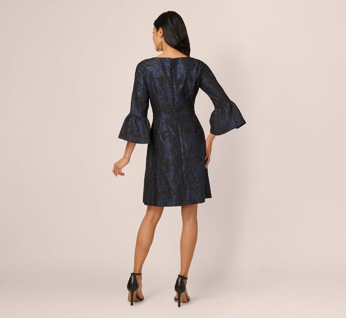 Three Quarter Bell Sleeve Short Jacquard Dress In Navy Black