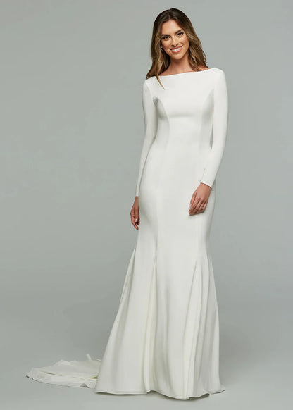 CHIFFON MERMAID WEDDING DRESS WITH BATEAU NECKLINE AND LONG SLEEVES