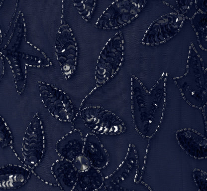 Hand Beaded Short Sleeve Floral Godet Gown In Light Navy