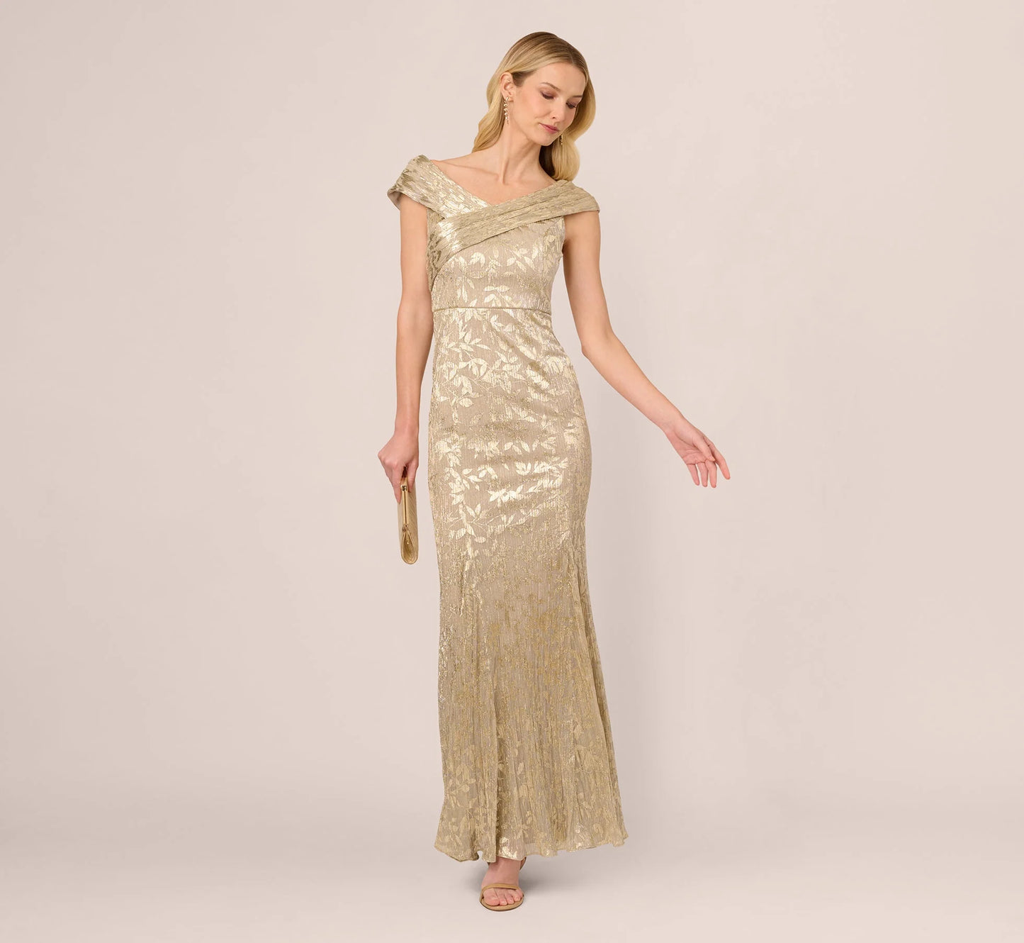 Off Shoulder Foil Leaf Mermaid Gown In Champagne Gold
