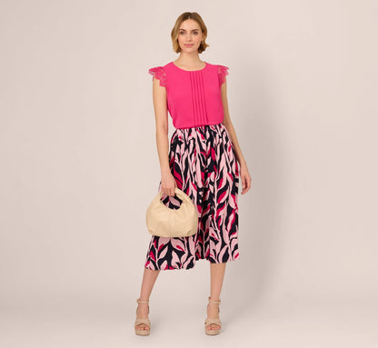 Sleeveless Lace Shoulder Pintucked Top In Hot Pink