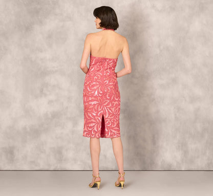 Beaded Halter Midi Sheath Dress In Summer Rose