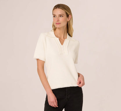 Short Sleeve Waffle Weave Polo Shirt In Ivory
