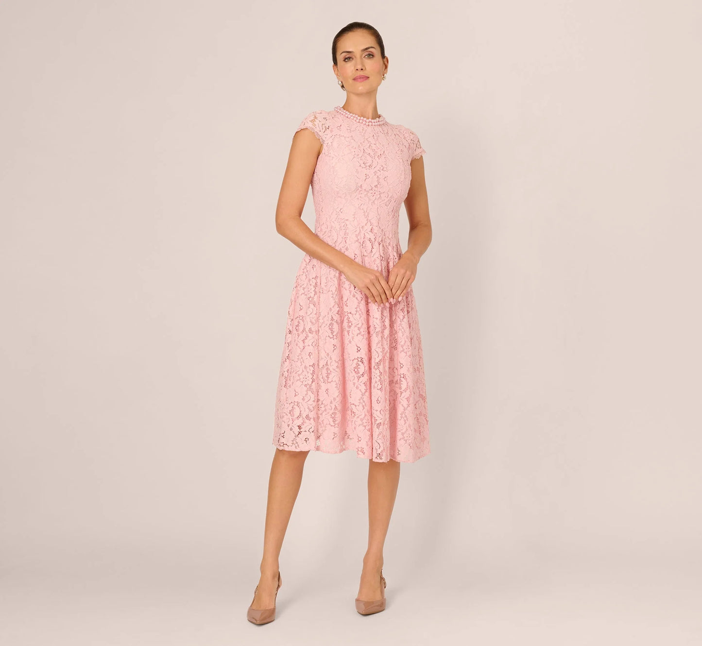 Cap Sleeve Pearly Lace Midi Dress In Blush Whisper