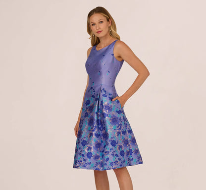Sleeveless Floral Jacquard Fit And Flare Dress In Blue Multi