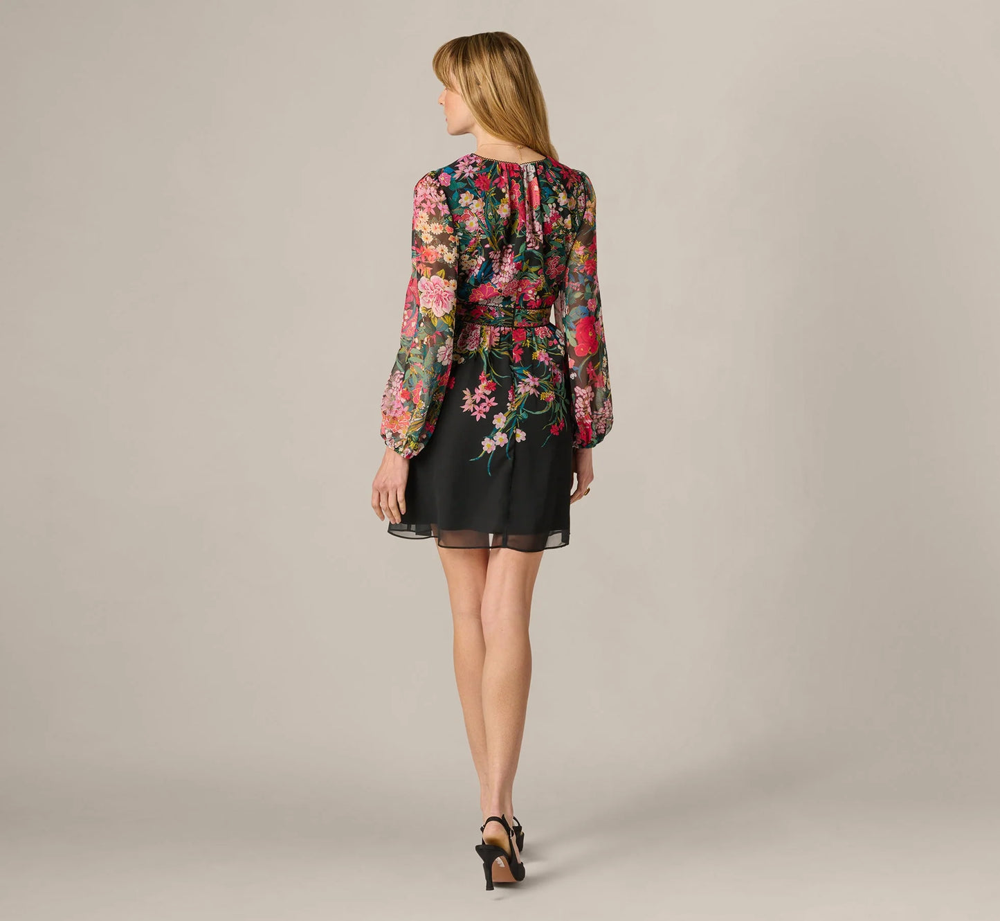 Long Sleeve Wildflower Print Short Dress In Black Multi