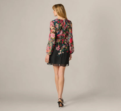 Long Sleeve Wildflower Print Short Dress In Black Multi