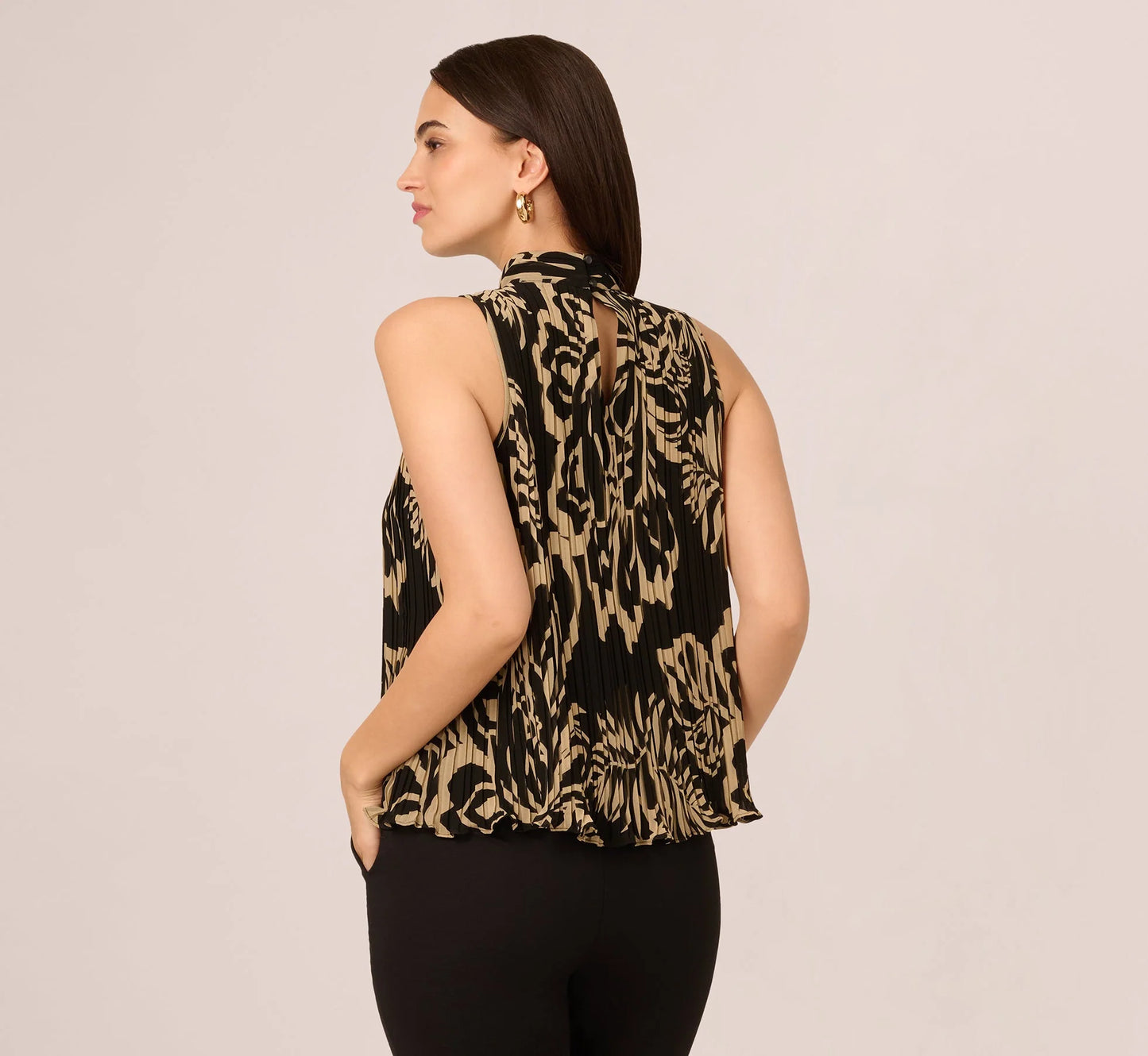 Pleated Floral Halter Top In Black Ornate Floral