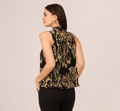 Pleated Floral Halter Top In Black Ornate Floral