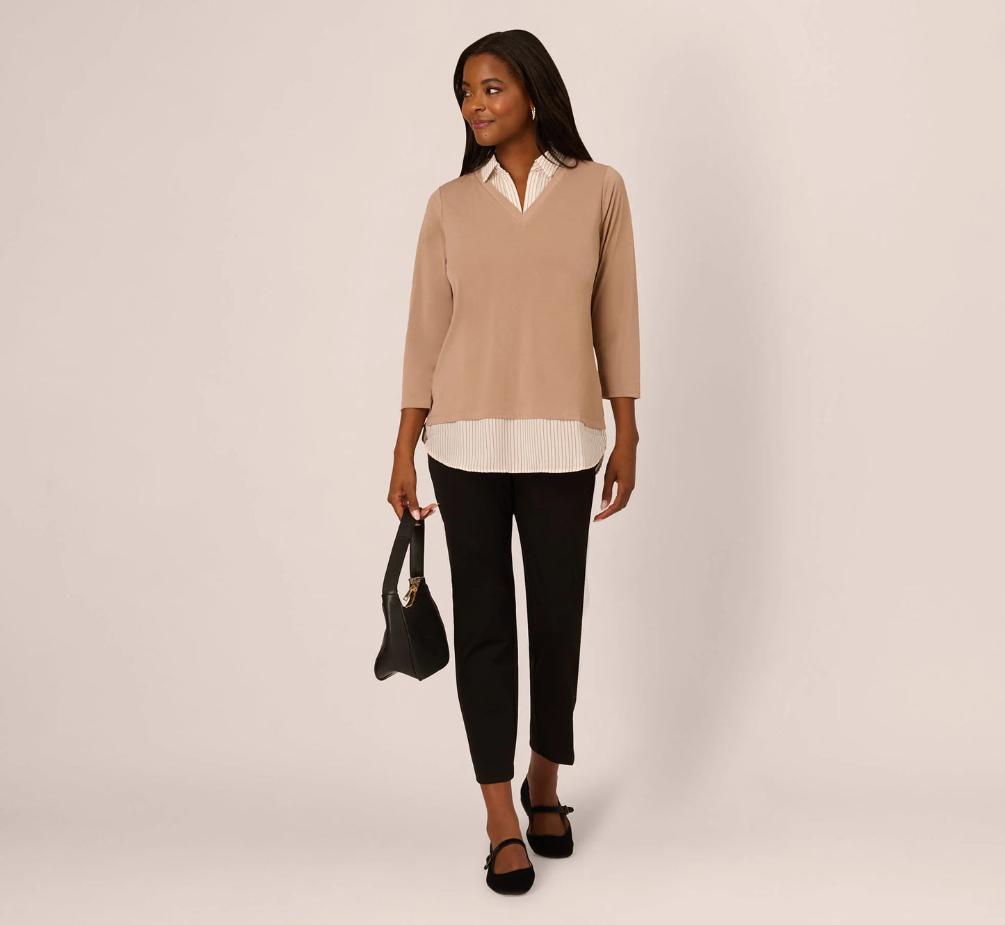 Three Quarter Sleeve Sweater With Button Down Accents In Cocoa W  Cocoa Light Stripe