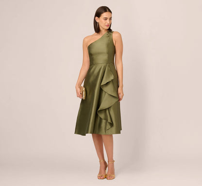 One Shoulder Beaded Detail Mikado Midi Dress In Jungle Olive