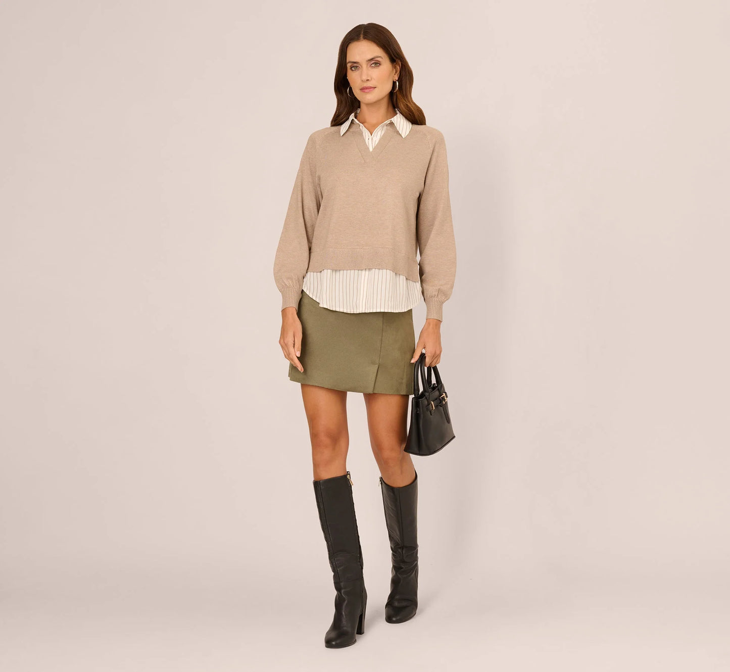 Long Sleeve Collared Printed Twover Sweater In H. Oatmeal W  Staple Stripe