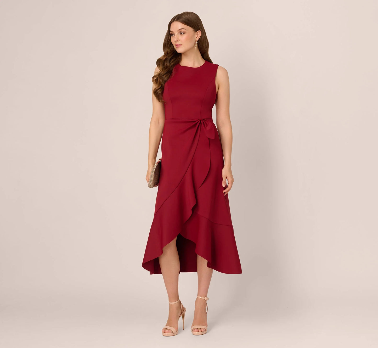 Sleeveless Flounce High Low Midi Dress In Crimson