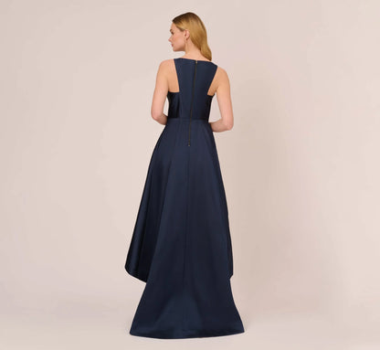 High Low Mikado Gown With Asymmetrical Detail In Midnight