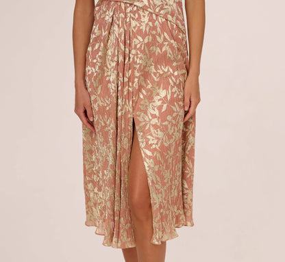 Flutter Sleeve Draped Foil Leaf Midi Dress In Coral Gold