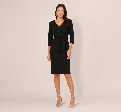 Three Quarter Sleeve Pleated Midi Dress With Tie Waist In Black