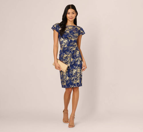 Cap Sleeve Foil Lace Sheath Dress In Navy Gold