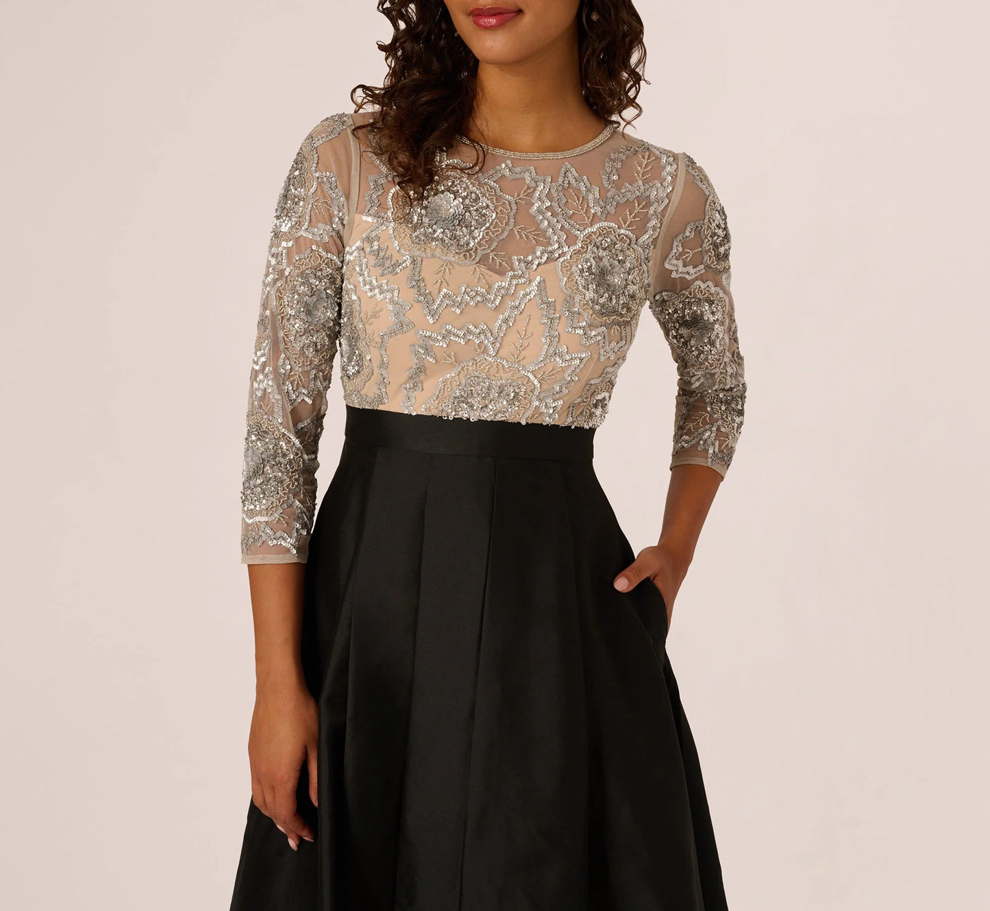 Three Quarter Sleeve Beaded Taffeta Combo Gown In Black Silver