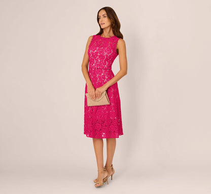Sleeveless Lace Fit And Flare Dress With Sheer Details In Tropical Pink