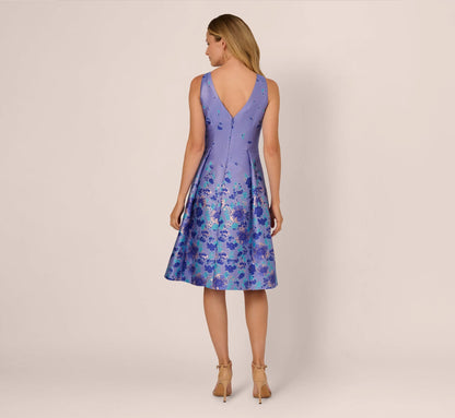 Sleeveless Floral Jacquard Fit And Flare Dress In Blue Multi