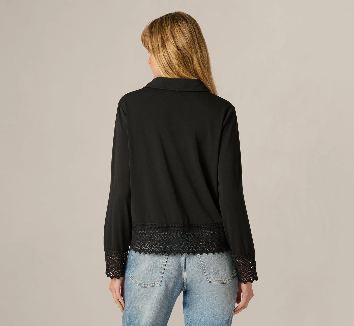 Long Sleeve Crochet Lace Collared Blouse In Black