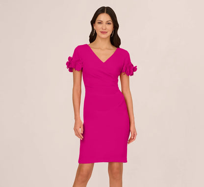 Crepe Faux Wrap Sheath Dress With Floral Accent Short Sleeves In Pink Flambe