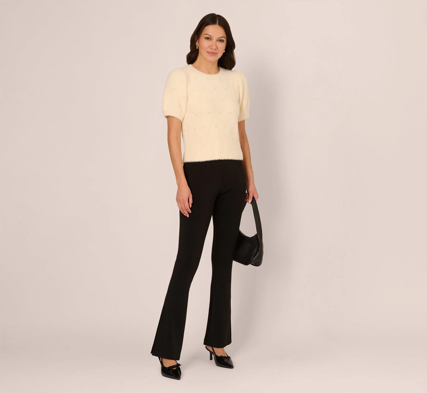 Short Sleeve Pearly Fuzzy Sweater In Cream