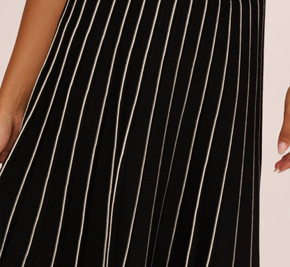 Pleated Pinstriped Knit Midi Skirt In Black Cream