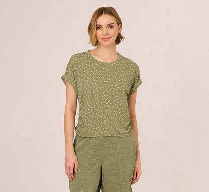 Cap Sleeve Ruched Side Top In Oil Green Scribble Daisy