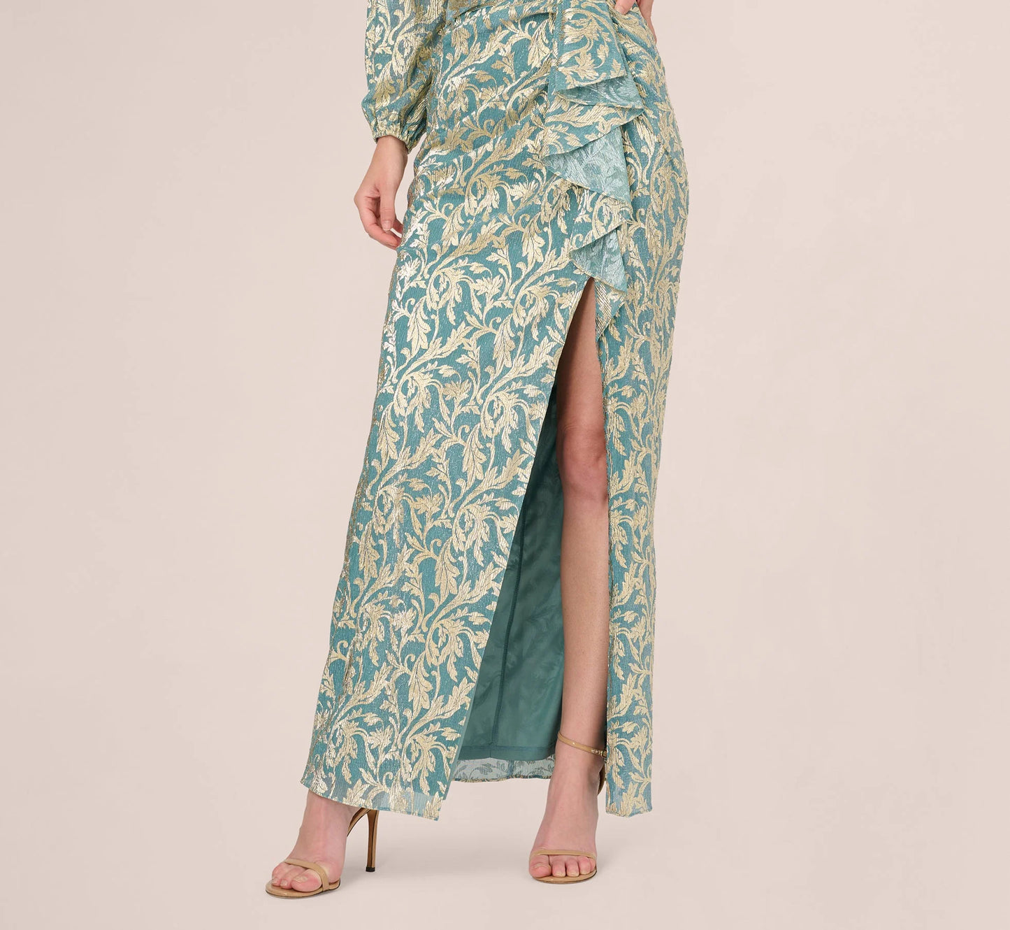 Long Sleeve Metallic Crinkle Drape Gown In Mint Gold