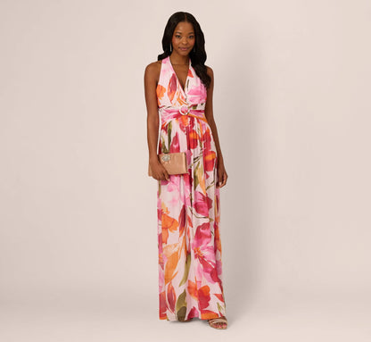 Sleeveless Surplice Floral Chiffon Gown In Pink Orange Multi