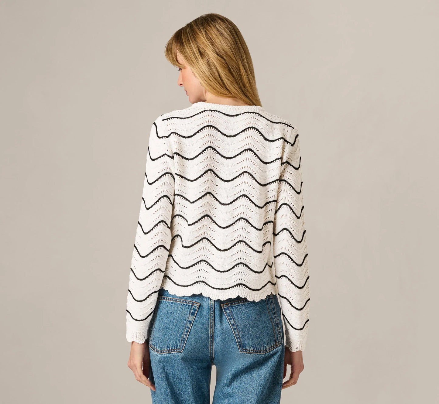 Open Pointelle Scalloped Cardigan Sweater In Glacier Black