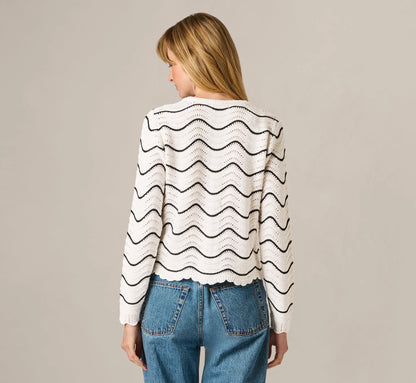 Open Pointelle Scalloped Cardigan Sweater In Glacier Black