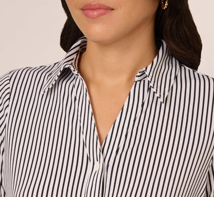 Short Sleeve Button Front Cropped Blouse In Ivory Navy Easy Stripe