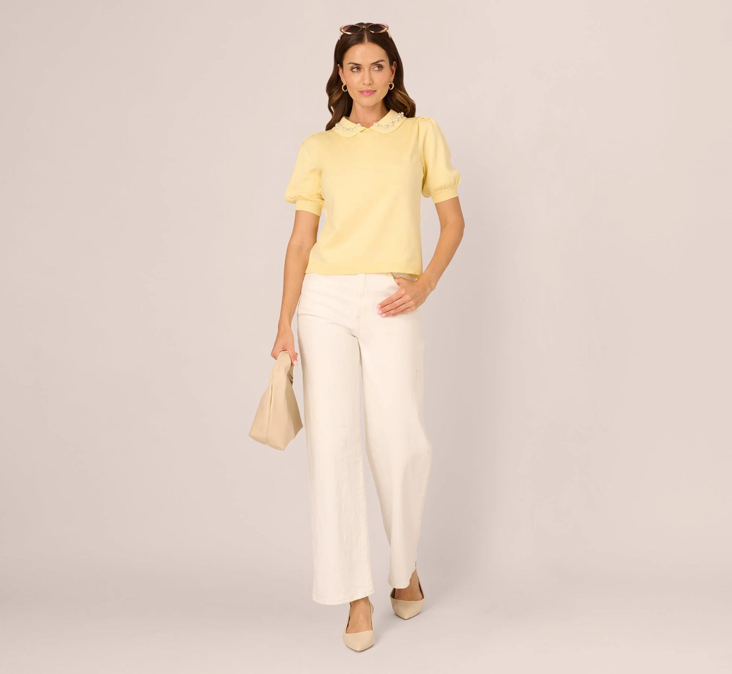 Puff Sleeve Beaded Peter Pan Collar Top In Pastel Yellow