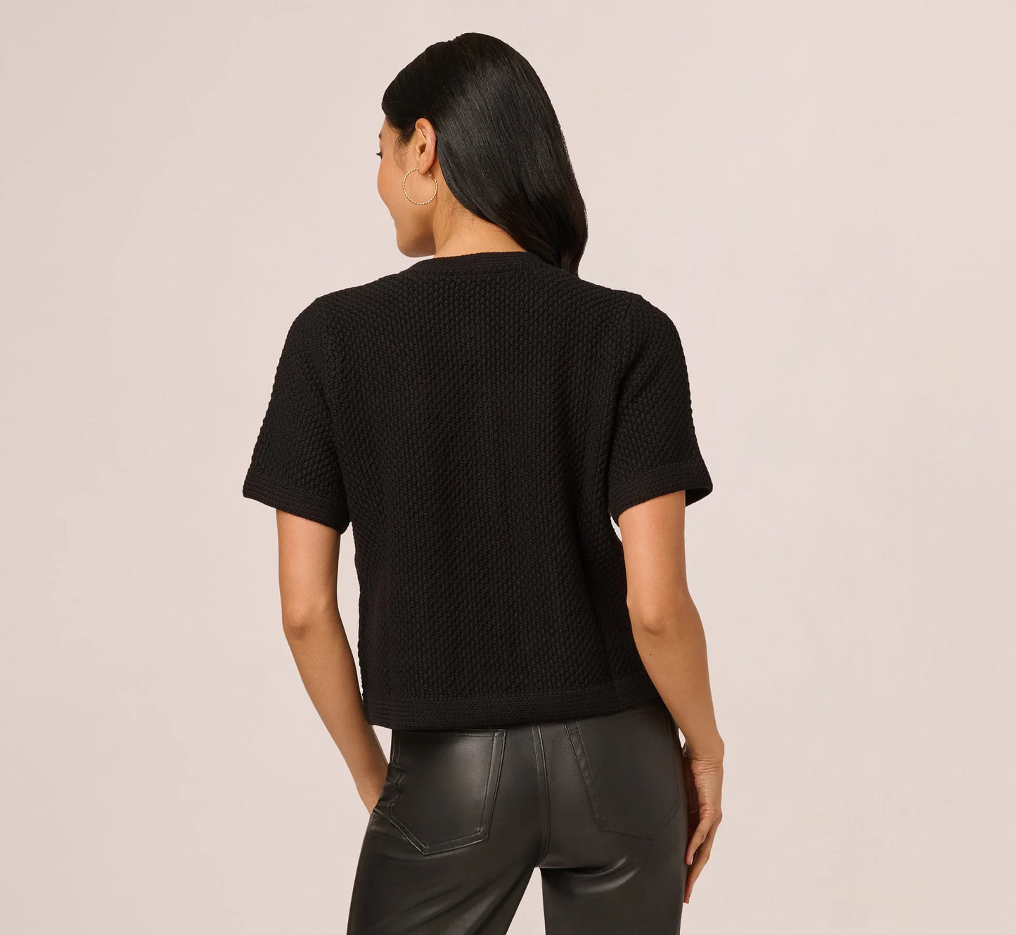 Short Sleeve Textured Cardigan Sweater In Black
