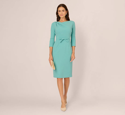Three Quarter Sleeve Drape Collar Sheath Dress In Smoky Jade