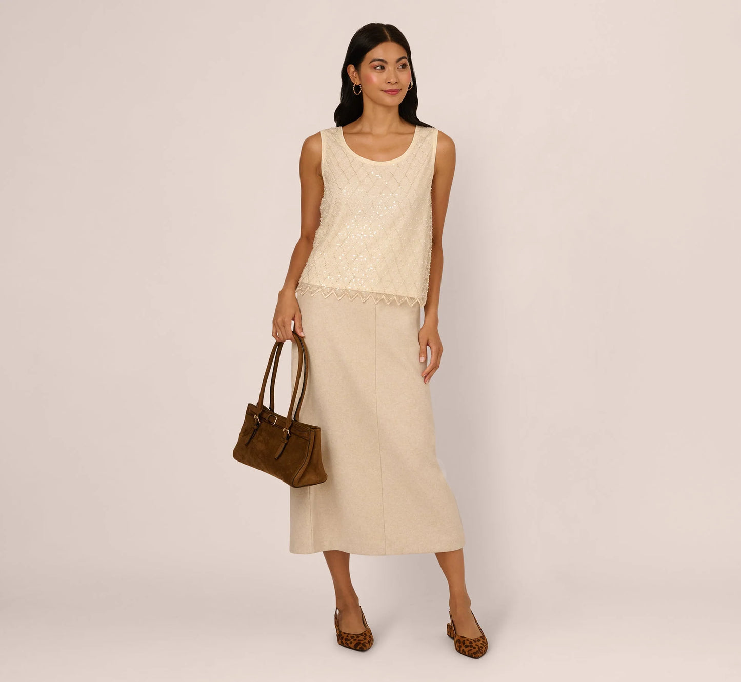 Sequin Beaded Tank Top In Almond Cream