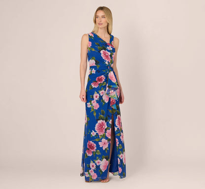 Asymmetrical Draped Floral Chiffon Gown In Dark Blue Multi