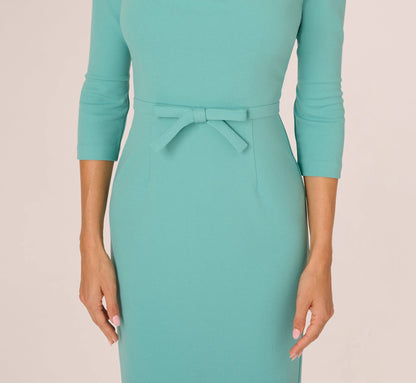 Three Quarter Sleeve Drape Collar Sheath Dress In Smoky Jade