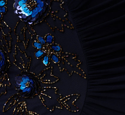 Plus Size Sleeveless Asymmetrical Floral Beaded Jersey Gown In Midnight Multi