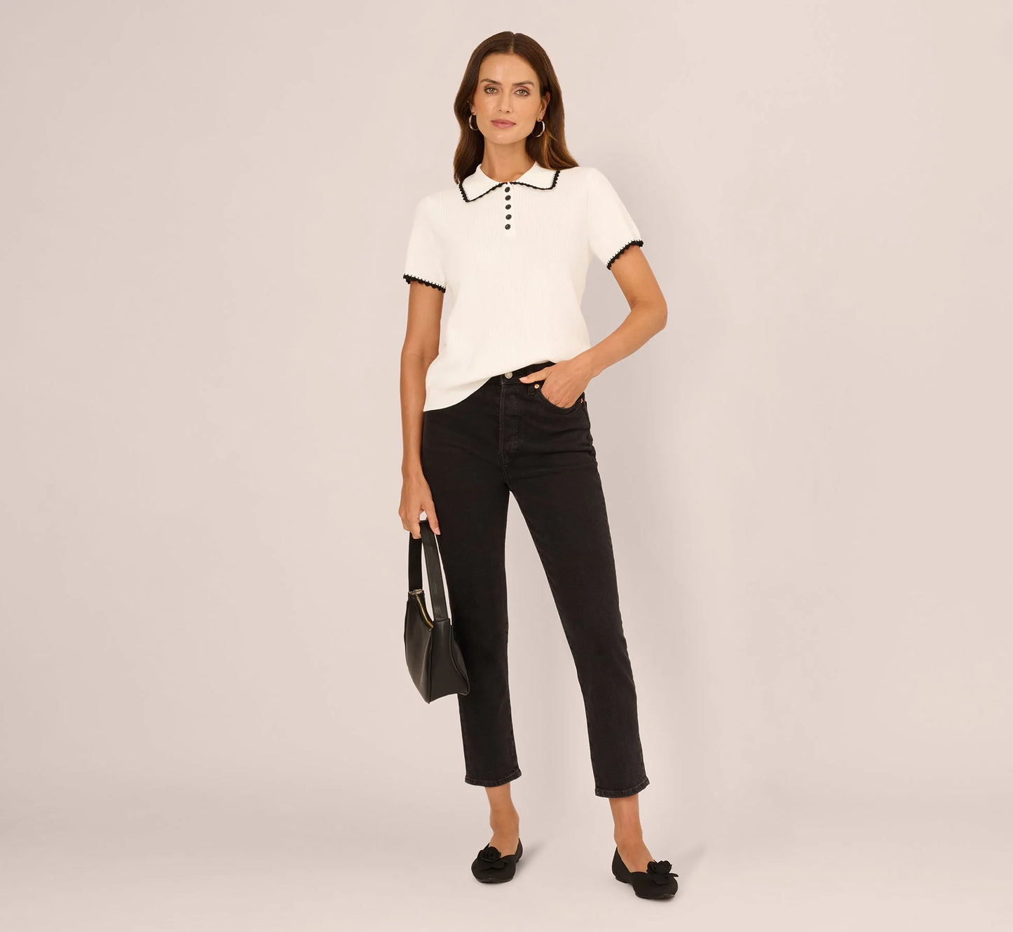 Short Sleeve Scalloped Trim Polo Sweater In Cream Black