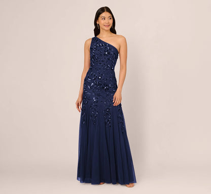 Floral Beaded One Shoulder Mermaid Gown With Godet Skirt In Light Navy