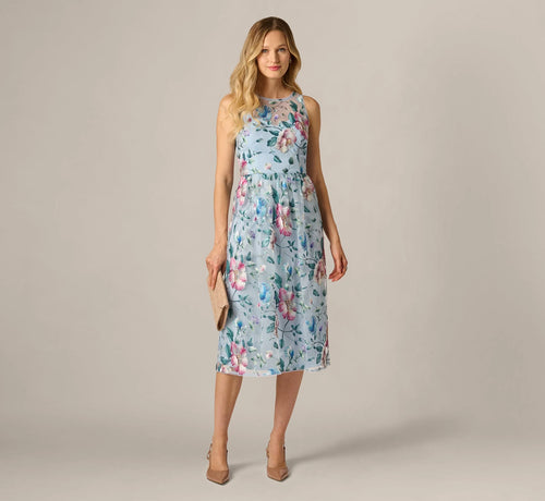 Sequin Beaded Floral Embroidery Illusion Midi Dress In Blue Multi