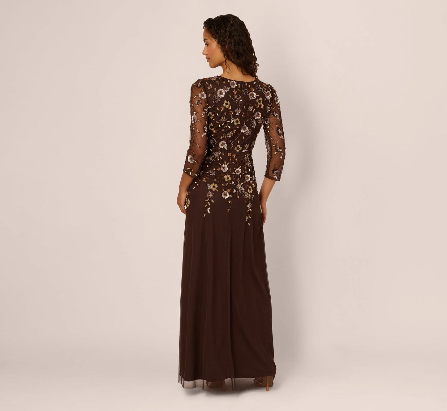 Three Quarter Sleeve Floral Sequin Beaded Gown In Chocolate
